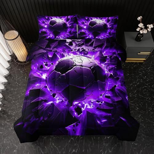 Nttopship Soccer Bedding Comforter Set Queen Size for Kids Teens and Adults, Purple and Black Football Printed Bedding Sets 3 PCS,Ball Sports Themed Bedroom Decor with 1 Comforter and 2 Pillowcases