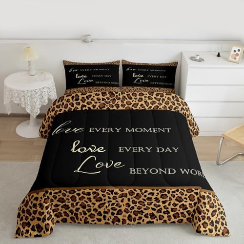Castle Fairy Brown Leopard Print Comforter Set,Cheetah Skin Pattern Bedding Set All Season Down Comforter, Tropical African Wild Animal Fur Black Microfiber Polyester Quilt Set, King Size