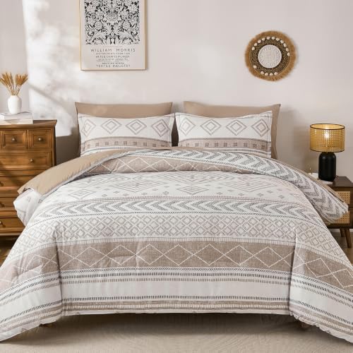 Yiran Boho Comforter Set Queen Size, 7 Pieces Aztec Khaki Bed in a Bag