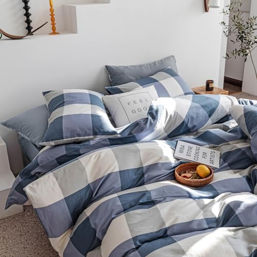 mixinni Twin XL Comforter Set Soft Fluffy Modern Style Checkered Pattern Comforter for Boys Mens, 1 Blue White Grey Geometric Comforter and 2 Pillowcases, All Seasons-Twin XL Size