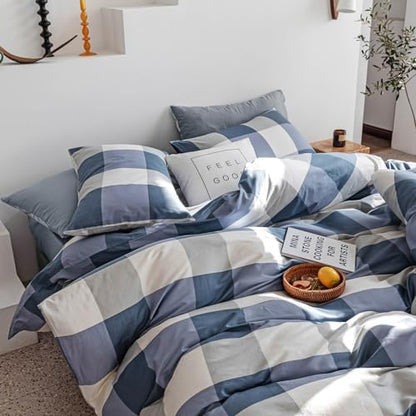 mixinni Twin XL Comforter Set Soft Fluffy Modern Style Checkered Pattern Comforter for Boys Mens, 1 Blue White Grey Geometric Comforter and 2 Pillowcases, All Seasons-Twin XL Size