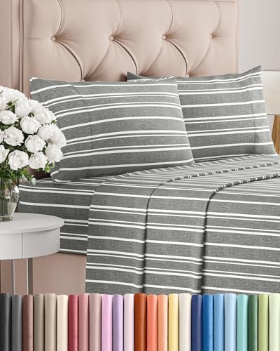Cal King Size 4 Piece Sheet Set - Comfy Breathable & Cooling - Grey Stripes