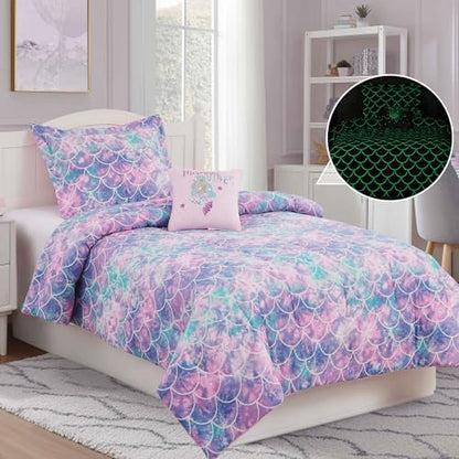 Queen Size Comforter Set for Girls-4 Pieces Mermaid Glow in the Dark