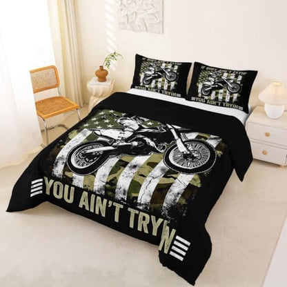 Feelyou Camo American Flag Motocross Bedding Set Soft Lightweight Dirt Bike Comforter Set King Vintage Print Duvet Quilt Extreme Sport Room Decor Motocross Themed 3 Pcs with 2 Pillow Cases