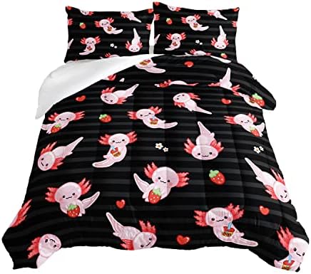 HOSIMA Kids Black Full Size Comforter Sets 3 Pieces,Cartoon Axolotl Bedding Sea Wildlife Cute Animals Theme Room Decor,Kawaii Bedding Set Strawberry Comforter with 2 Pillowcases.