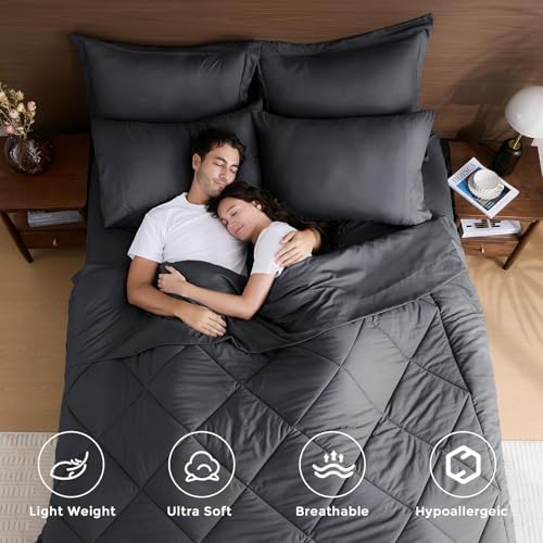 HEVUMYI 7-Piece Oversized King Comforter Set, Dark Grey Bed in a Bag