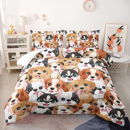 Nttopship Cute Dog Comforter Sets Queen Size Cartoon Dogs Bedding Sets for Kids,Cartoon Dog Comforter Sets，Kids Room Decor with 1 Comforter with 2 Pillow Case