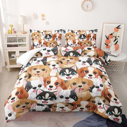 Nttopship Cute Dog Comforter Sets Queen Size Cartoon Dogs Bedding Sets for Kids,Cartoon Dog Comforter Sets，Kids Room Decor with 1 Comforter with 2 Pillow Case