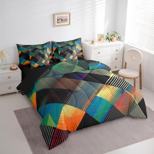 Erosebridal Luxury Diamond Geometric Bed in A Bag with Sheets Twin Colorful Checkered 7 Piece Comforter Set Modern Abstract Stripes Bedding Set,Watercolor Patchwork Bedding Comforter Sets