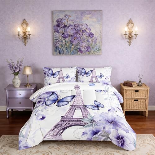Beautiful Butterfly Comforter Set King Size,Romantic Eiffel Tower Printed Comforter Bedding Sets for Girls Women Room Paris Decor,Fantasy Floral Bedding Sets with 2 Pillowcases.
