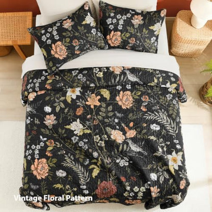 Litanika Floral Black Quilt Queen - 3Pcs Summer Boho Bedding Set