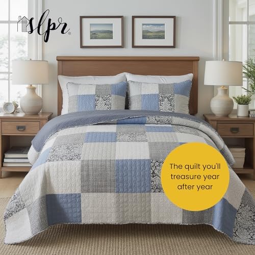 SLPR - Sweet Dreams Blue Patchwork Cotton Quilt Set, Queen with 2 Shams