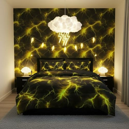 QOOMO Yellow Lightning 7 Pieces Comforter Set Queen,Neon Bedding Set