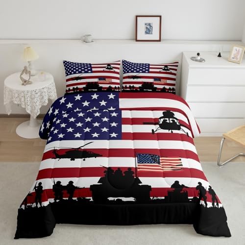 Feelyou American Flag Comforter Set for Girls Kids Boys Men Soldier Rifle Helicopter Tank Bedding Set Red Blue Stars Stripes USA Flag Comforter Room Decor Army Guns Military Down Comforter Queen Size