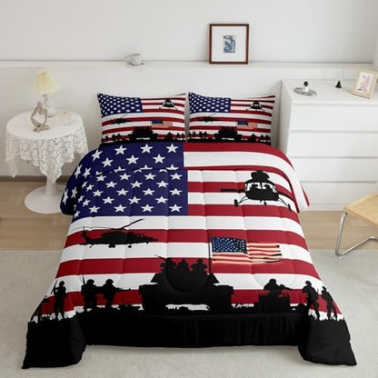 Feelyou American Flag Comforter Set for Girls Kids Boys Men Soldier Rifle Helicopter Tank Bedding Set Red Blue Stars Stripes USA Flag Comforter Room Decor Army Guns Military Down Comforter Queen Size
