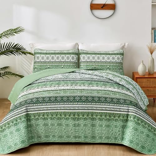 WONGS BEDDING Boho Full Quilt Bedding Set, 3 Pieces Bedspread, Light Green