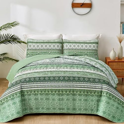 WONGS BEDDING Boho Full Quilt Bedding Set, 3 Pieces Bedspread, Light Green