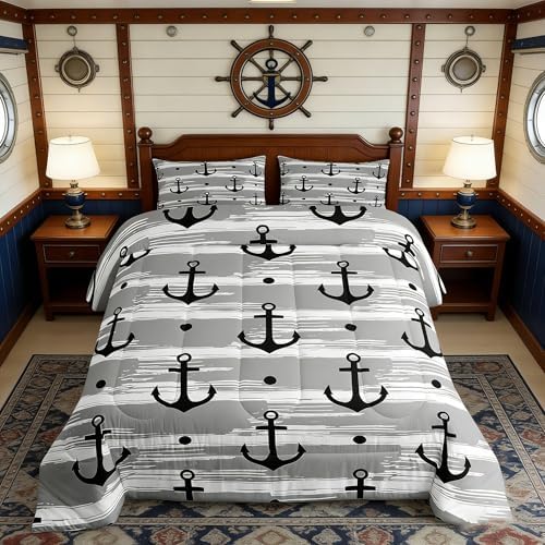 Manfei Anchor Comforter Set Full Size, Nautical Theme Bedding Set 3pcs for Kids Boys Teens Adults Bedroom Decor, Rustic Farmhouse Grey Down Comforter Soft Polyester Quilt Set with 2 Pillowcases