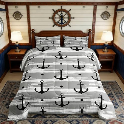 Manfei Anchor Comforter Set Full Size, Nautical Theme Bedding Set 3pcs for Kids Boys Teens Adults Bedroom Decor, Rustic Farmhouse Grey Down Comforter Soft Polyester Quilt Set with 2 Pillowcases