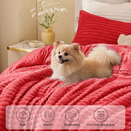 BEDELITE Fleece King Comforter Set, Fluffy Bed Set, Red