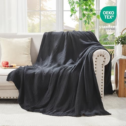 EMME Muslin Blankets for Adults Throw Blanket for Couch Breathable Gauze Soft Lightweight Airy Black Super King