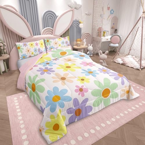 jejeloiu Cute Flower Kids Comforter Set King Size Cartoon Floral Bedding Set Kawaii Duvet Quilt for Kids Boys Girls Bedroom Blossom Flowers Pattern Decor Microfiber Ultra Soft Breathable