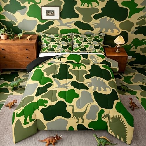 Feelyou Green Dinosaur Comforter Set All Season Camouflage Bedding Set with 1 Pillow Cases Green Camo Dino Microfiber Kids Toddler Bedclothes Bedroom Decor Duvet Quilt Breathable Soft Lightweight