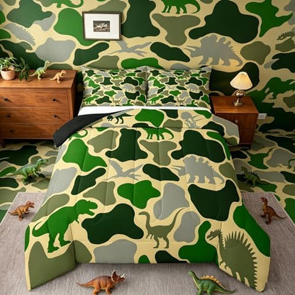 Feelyou Green Dinosaur Comforter Set All Season Camouflage Bedding Set with 2 Pillow Cases Green Camo Dino Microfiber Kids Full Bedclothes Bedroom Decor Duvet Quilt Breathable Soft Lightweight
