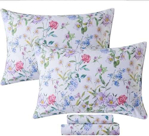 FADFAY Garden Floral King Sheet Set, 100% Cotton Botanical Print Bedding, Soft Breathable 4-Piece Bed Sheets with Deep Pocket, All Season
