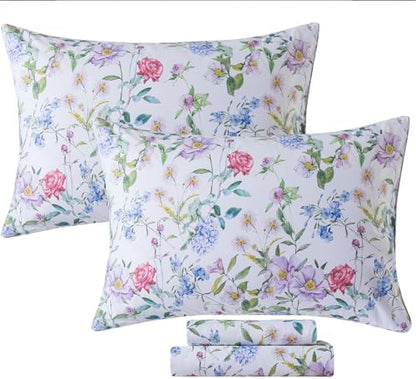 FADFAY Garden Floral King Sheet Set, 100% Cotton Botanical Print Bedding, Soft Breathable 4-Piece Bed Sheets with Deep Pocket, All Season