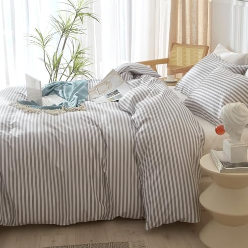 mixinni Striped Comforter Set Full Size - Grey White Stripes Pattern Bedding Set for Women and Men, 3 Pieces Lightweight Bed Sets for All Seasons (1 Soft Fluffy Comforter + 2 Pillowcases)