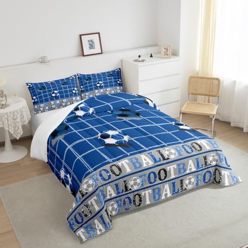Homewish Soccer Sports Comforter Set,Blue Soccer Grid Bedding Set for Kids Girls Boys,Teens Adults Sport Gaming Comforter,Football Pattern Quilted Duvet Set Bedroom Collection Twin Size 2Pcs