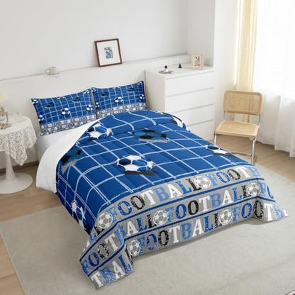 Homewish Soccer Sports Comforter Set,Blue Soccer Grid Bedding Set for Kids Girls Boys,Teens Adults Sport Gaming Comforter,Football Pattern Quilted Duvet Set Bedroom Collection Twin Size 2Pcs