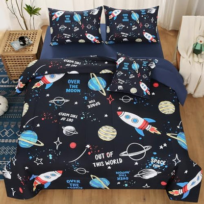 JQinHome Queen Space Comforter Set for Kids,6 Piece Bed in A Bag Galaxy Space Rocket Planets Bedding Set for Teens Boys Girls(1 Comforter,2 Pillowcases,1 Flat Sheet,1 Fitted Sheet,1 Cushion Cover)