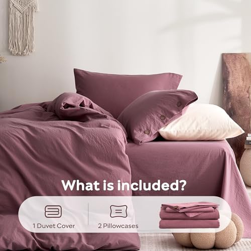JELLYMONI 100% Washed Cotton Deep Rose Duvet Cover Queen, Linen-Like