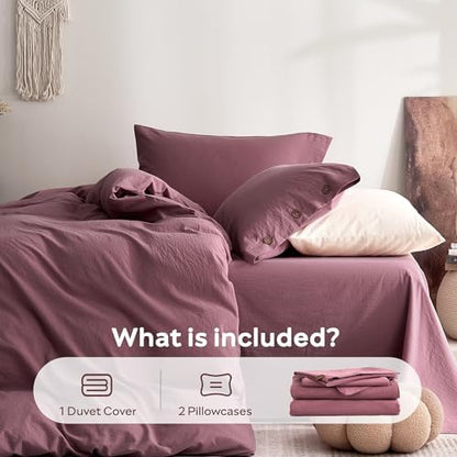 JELLYMONI 100% Washed Cotton Deep Rose Duvet Cover Queen, Linen-Like