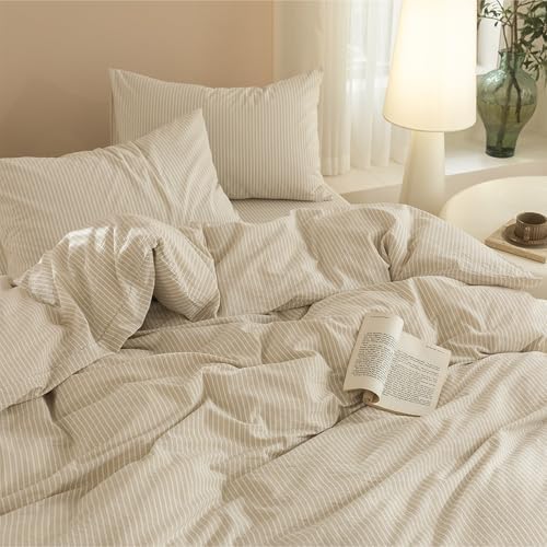 JIYUAN Super King Plus Washed Cotton Duvet Cover Set Linen-Like Pinstripe