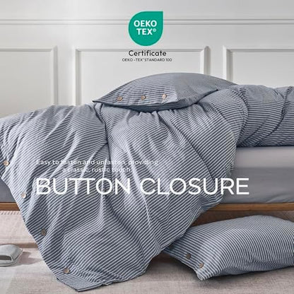 JELLYMONI Cotton Duvet Cover Full Size - Blue Vertical Pinstriped Comforter Cover with Button 100% Washed Cotton 3PCS Breathable Soft Solid Bedding Set Duvet Cover 80×90in & 2 Pillowcases