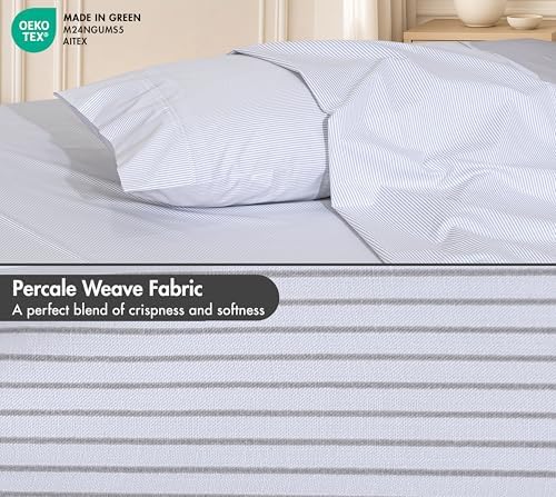 RUVANTI 100% Cotton Queen Sheets, Percale Queen Sheet Set, Grey Pinn Stripe