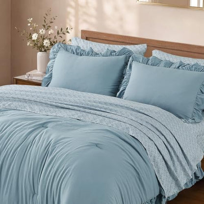 BLOOMHAVEN Queen Comforter Set-7 Pieces Ruffle Bedding with Floral Sheet