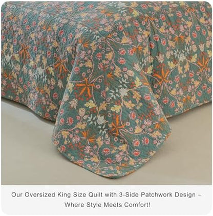 Lady Ann Oversized King Quilt Set, Vibrant Paisley Flowers Pattern Plant Botanical Printed Quilted 3 PCS 118x106 Bedspread Set,Ultra Soft 100% Cotton Coverlet with Pillow Shams,