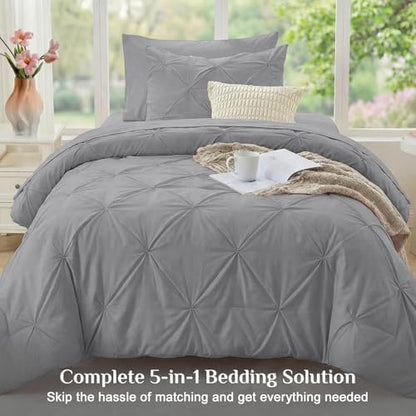 JOLLYVOGUE Twin XL Comforter Set 5 Pieces - Bed in a Bag Twin XL for All Season, Pintuck Bedding Comforter Sets with Comforter, Flat Sheet, Fitted Sheet and Pillowcases & Shams, Light Grey