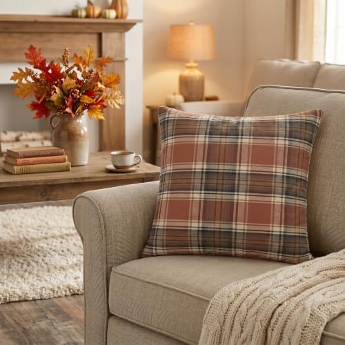 AVOIN colorlife Fall Caramel Brown Plaid Decorative Throw Pillow Covers, 18 x 18 Inch Holiday Scottish Tartan Cushion Case Farmhouse Decoration for Sofa Couch Set of 2