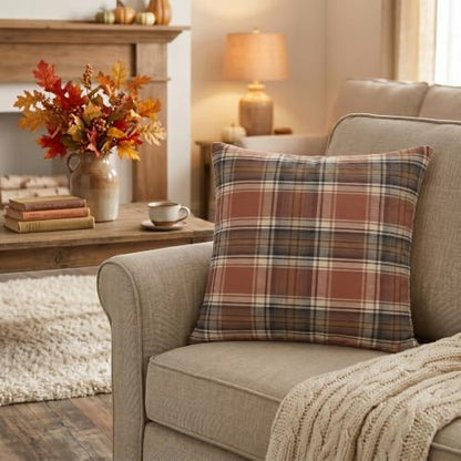 AVOIN colorlife Fall Caramel Brown Plaid Decorative Throw Pillow Covers, 18 x 18 Inch Holiday Scottish Tartan Cushion Case Farmhouse Decoration for Sofa Couch Set of 2