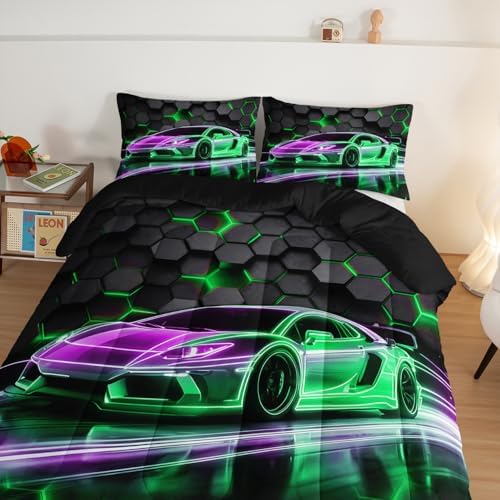 HOSIMA Kids Race Car King Comforter Sports Bedding with 2 Pillowcases.