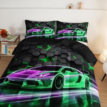 HOSIMA Kids Race Car King Comforter Sports Bedding with 2 Pillowcases.