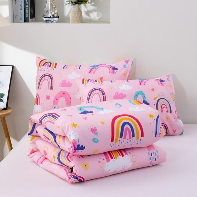 Btargot Lightweight Soft 3 Piece Rainbow Comforter Set with 2 Pillow Covers, Cartoon Love Hearts Suns and Stars Bedding Set for Girls Boys Kids, Queen Light Pink