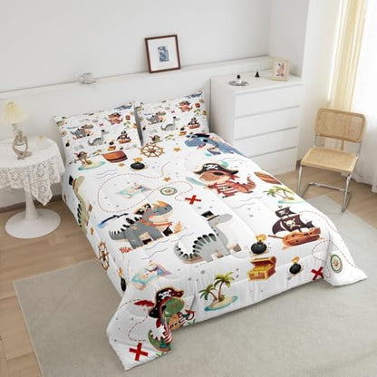 Homewish Pirate Dinosaur Kids Comforter Set Toddler Size for Boys,Sea Nautical Map Theme Bedding Set 2Pcs,Child Teens Bedroom Decor,Cartoon Animals Quilt Set Ocean Adventure Duvet Insert,1 Pillowcase