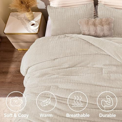 ChiXpace Fleece King Size Comforter Set Linen, Fluffy Bed Set 3 Pieces