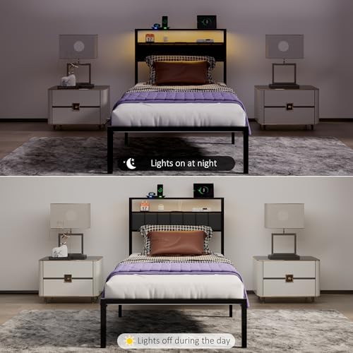 J.Fkne Twin Bed Frames with Charging Station and LED Lights, Twin Size Platform Bed with Metal Slats, Upholstered Headboard with 2-Tier Storage Shelves, No Box Spring Needed, Easy Assembly, Black